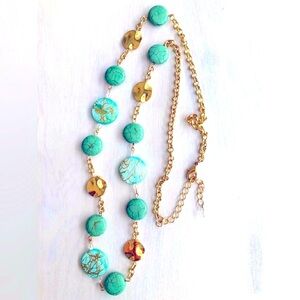 Turquoise/Glass Crystals/Gold Tone Women's Necklace